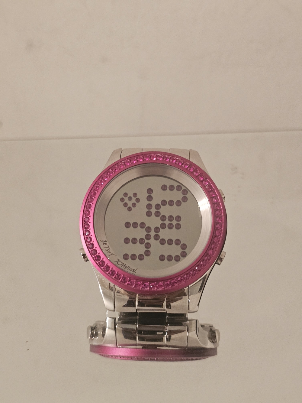 Betsey Johnson Silver Bracelet Watch with Pink Crystal Bezel